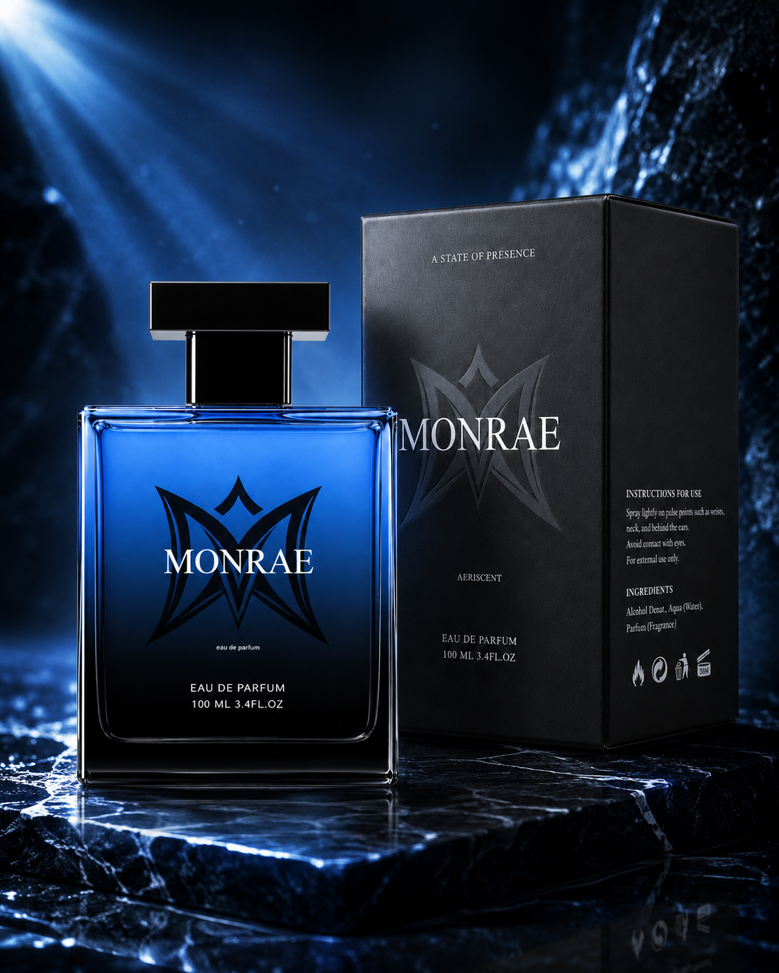 MONRAE perfume bottle and box cinematic intro